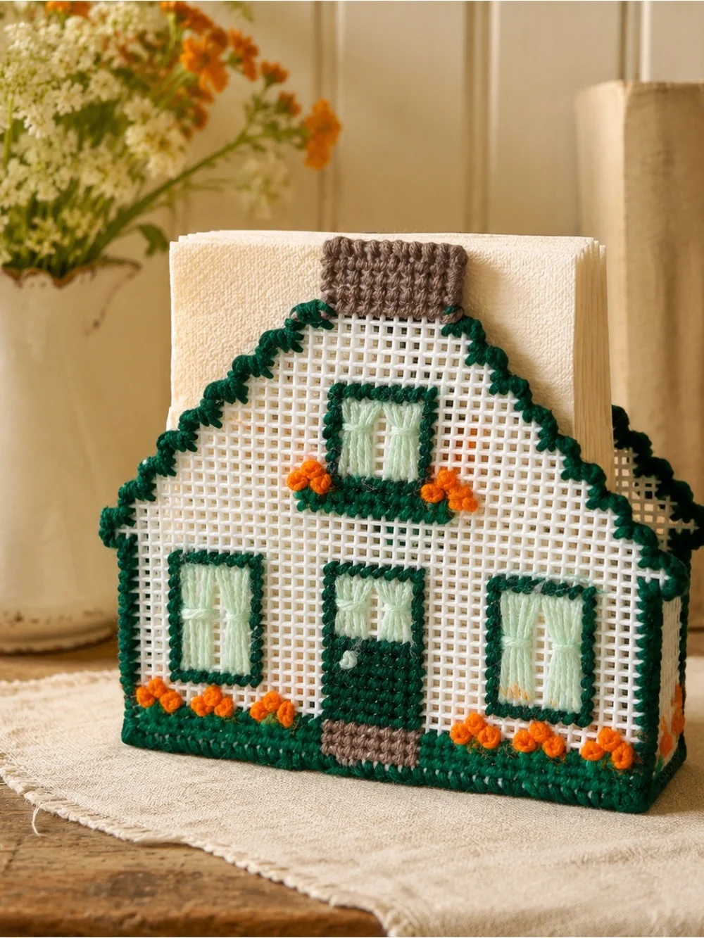 Vintage Handmade Plastic Canvas House Napkin Holder Needlepoint Cottagecore
